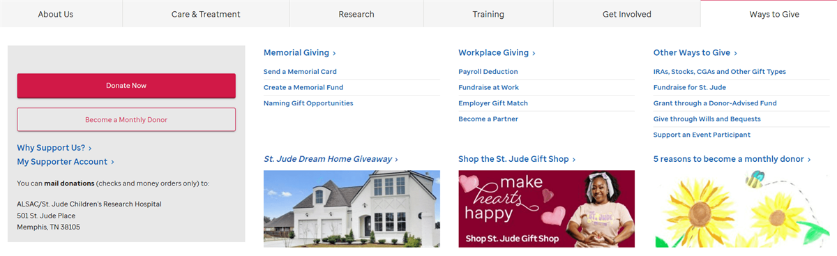 The “Ways to Give” menu item on the St. Jude website with many ways to donate and show support 